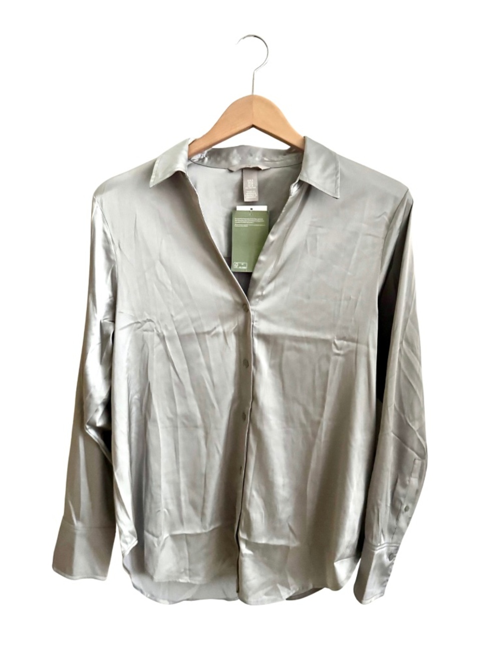 H&M Silver Satin Button Down Long Sleeve Shirt NWT Size Medium